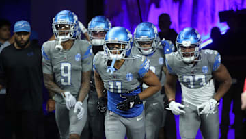 Lions receivers take the field before the game against the Raiders on Monday, Oct. 30, 2023, at Ford