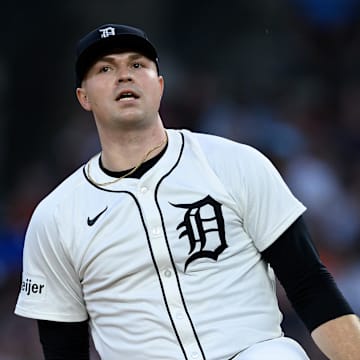 Detroit Tigers starting pitcher Tarik Skubal (29) reacts after striking out his last batter of the game to complete seven innings of shutout ball against the Minnesota Twins at Comerica Park on June 29. 