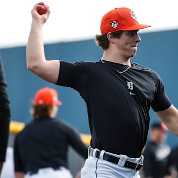 Detroit Tigers pitcher Jackson Jobe warms up during spring training at Tigertown in Lakeland, Fla. on Tuesday, Feb. 13, 2024.