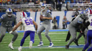 Lions quarterback Jared Goff looks to pass against the Bills during the first half of the Lions'