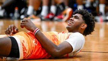 Michigan State freshman and Team Faygo's Jase Richardson reacts to a foul by Team Snipes in the game on Tuesday, June 25, 2024, during the Moneyball Pro-Am at Holt High School.