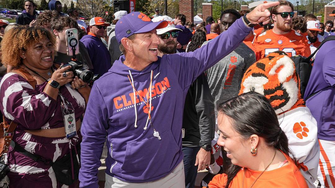 Clemson head coach Dabo Swinney during Tiger Walk before the annnual Clemson Orange and White spring game at Memorial Stadium in Clemson, South Carolina Saturday, March 28, 2026.