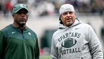 Michigan State's wide receivers coach Courtney Hawkins, left, and cornerbacks coach Demetrice Martin look on during the Spring Showcase on Saturday, April 20, 2024, at Spartan Stadium in East Lansing.