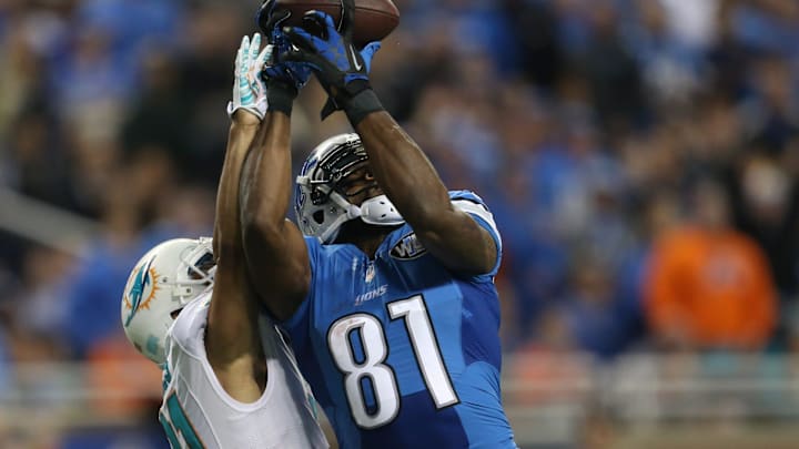 Detroit Lions Calvin Johnson catches a touchdown against the Miami Dolphins back in 2014