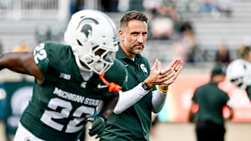 Michigan State's defensive coordinator Joe Rossi watches during warmups before the football game against Western Michigan on Friday, Aug. 29, 2025, in East Lansing.