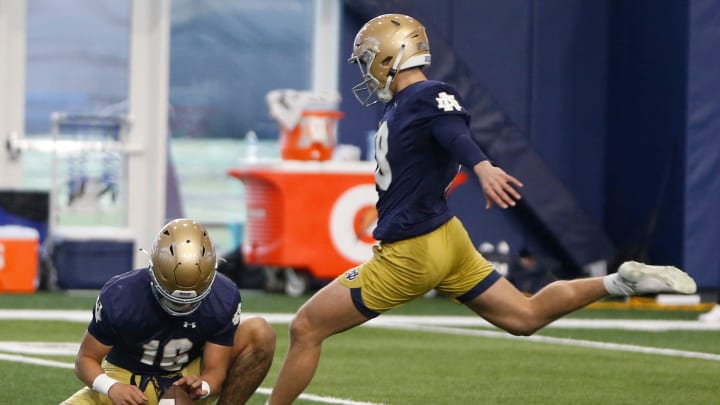 Notre Dame graduate senior Mitch Jeter gets ready to kick a field goal during practice Thursday, March 7, 2024, at the Irish Athletics Center in South Bend.