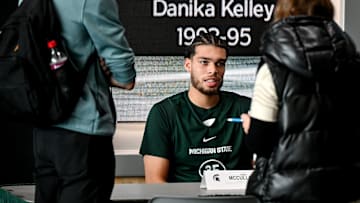 Michigan State's Jesse McCulloch talks to reporters during men's basketball media day on Thursday, Oct. 17, 2024, at the Breslin Center in East Lansing.