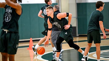 Michigan State's Jaxon Kohler moves with the ball during the first day of basketball practice on Monday, Sept. 22, 2025, at the Breslin Center in East Lansing.