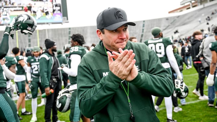Michigan State's head coach Jonathan Smith leaves the file after the Spring Showcase on Saturday, April 20, 2024, at Spartan Stadium in East Lansing.