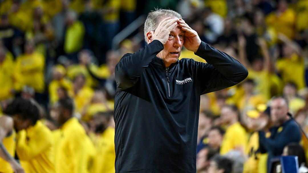 Michigan State's head coach Tom Izzo reacts after Carson Cooper is called for a foul during the second half in the game against Michigan on Sunday, March 8, 2026, at the Crisler Center in Ann Arbor.