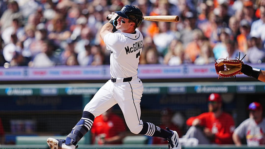 Detroit Tigers rookie Kevin McGonigle bats during the home opener at Comerica Park in Detroit, Friday, April 3, 2026.