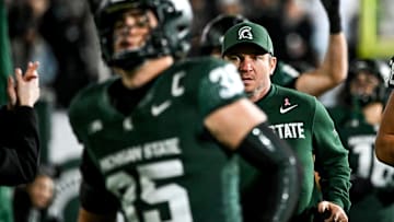 Michigan State's head coach Jonathan Smith takes the field before the game against Michigan on Saturday, Oct. 25, 2025, at Spartan Stadium in East Lansing.