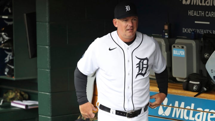 Manager AJ Hinch in the dugout before the Detroit Tigers played against the Chicago White Friday, April 8, 2022, at Comerica Park.