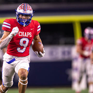 Westlake receiver Jaden Greathouse sprints toward the end zone during the Chaparrals' win over Denton Guyer in the 2021 Class 6A Division II state championship game.
