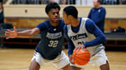 La Lumiere junior Jalen Haralson (32) defends teammate Ace Bucker during an open practice Thursday, Nov. 9, 2023, at the La Porte Civic Auditorium.