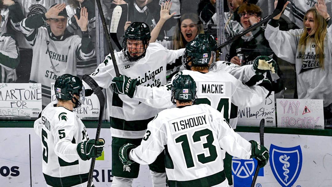 Michigan State celebrates a goal by Tommi Mannisto during the third period in the game against New Hampshire on Thursday, Oct. 9, 2025, at Munn Ice Arena in East Lansing.