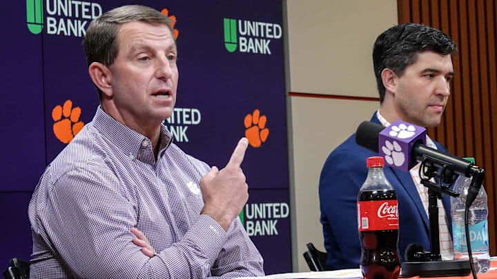 Clemson football Head Coach Dabo Swinney details events of transfer portal Luke Ferrelli and “tampering” with signed players, next to Atheletic Director Graham Neff during a press conference in the Smart Family Media Center in Clemson, SC, Friday, Jan 23 2026.