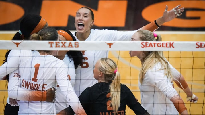 Texas outside hitter Madisen Skinner celebrates after a point with her team during the Longhorns' match against the Cougars, Sept. 28, 2023 in Gregory Gymnasium. Texas dropped the first set to the Cougars, but won the next three for a victory at home in Austin.