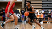 Michigan State and Team Motorcars' Jeremy Fears Jr. moves the ball against Team Goodfellas in the game on Thursday, June 27, 2024, during the Moneyball Pro-Am at Holt High School.