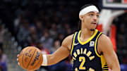 Indiana Pacers guard Andrew Nembhard (2) dribbles during the second half against the Washington Wizards at Capital One Arena.