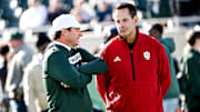 Michigan State's head coach Jonathan Smith, left, talks with Indiana's head coach Curt Cignetti before the game on Saturday, Nov. 2, 2024, at Spartan Stadium in East Lansing.
