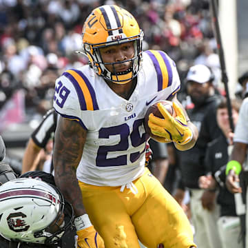 Sep 14, 2024; Columbia, South Carolina, USA; LSU Tigers running back Caden Durham (29) runs against South Carolina Gamecocks defensive tackle Tonka Hemingway (91) during the fourth quarter at Williams-Brice Stadium. Mandatory Credit: Ken Ruinard/USA TODAY Network via Imagn Images