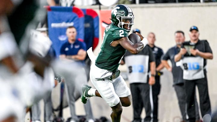 Michigan State's Aidan Chiles runs for a touchdown against Florida Atlantic during the second quarter on Friday, Aug. 30, 2024, at Spartan Stadium in East Lansing.