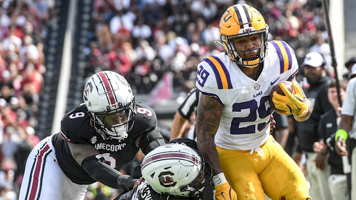 Sep 14, 2024; Columbia, South Carolina, USA; LSU Tigers running back Caden Durham (29) runs against South Carolina Gamecocks defensive tackle Tonka Hemingway (91) during the fourth quarter at Williams-Brice Stadium. Mandatory Credit: Ken Ruinard/USA TODAY Network via Imagn Images