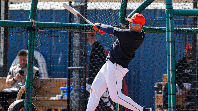 Detroit Tigers shortstop Javier Baez bats left handed during spring training at TigerTown