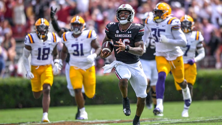 South Carolina quarterback LaNorris Sellers (16) runs for a touchdown against Louisiana State University during the second quarter at Williams-Brice Stadium in Columbia, S.C. Saturday, September 14, 2024.