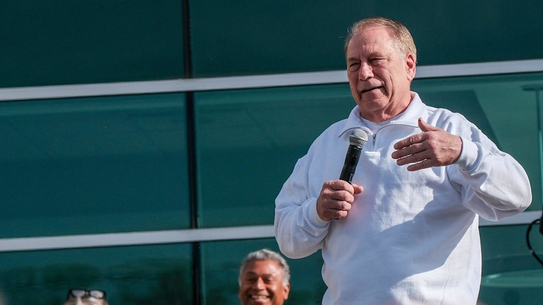 Michigan State Men's Head Basketball Coach Tom Izzo speaks to the crowd before the start of the Izzo Legacy 5K run Sunday, April 27, 2025.