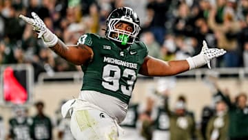 Michigan State's Jalen Satchell celebrates a sack against Penn State during the third quarter on Saturday, Nov. 15, 2025, at Spartan Stadium in East Lansing.