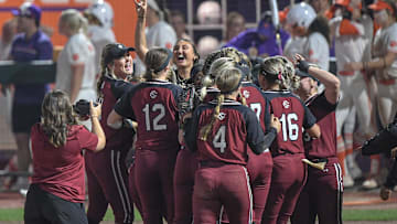 South Carolina Gamecocks celebrates after the game at McWhorter Stadium in Clemson Wednesday, March 20, 2024. USC won 6-4 in 12 innings.