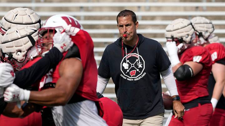 Wisconsin Badgers head coach Luke Fickell watches a drill during fall training camp at Camp Randall Stadium in Madison on Thursday, Aug. 10, 2023. - Mike De Sisti / The Milwaukee Journal Sentinel