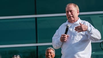 Michigan State Men's Head Basketball Coach Tom Izzo speaks to the crowd before the start of the Izzo Legacy 5K run Sunday, April 27, 2025.