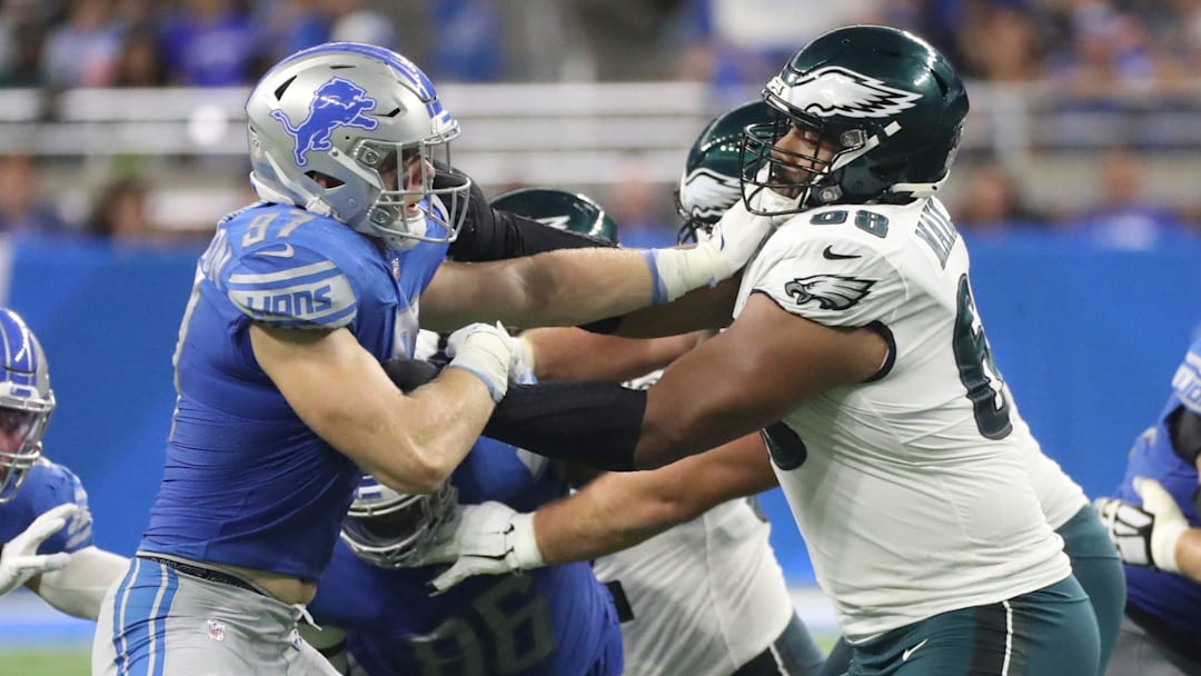 Detroit Lions defensive end Aidan Hutchinson rushes against Philadelphia Eagles left tackle Jordan Mailata (68) during the first half at Ford Field, Sept. 11, 2022.

Nfl Philadelphia Eagles At Detroit Lions