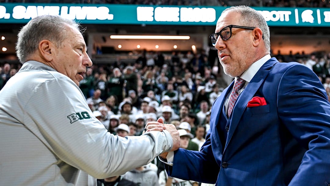 Saturday, Jan. 24, 2026; East Lansing, MI; Michigan State Spartans head coach Tom Izzo, left, shakes hands with Maryland Terrapins head coach Buzz Williams before the game at the Breslin Center.