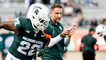 Michigan State's defensive coordinator Joe Rossi watches during warmups before the football game against Western Michigan on Friday, Aug. 29, 2025, in East Lansing.