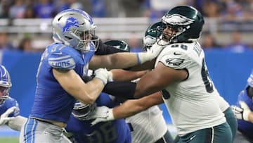 Detroit Lions defensive end Aidan Hutchinson rushes against Philadelphia Eagles left tackle Jordan Mailata (68) during the first half at Ford Field, Sept. 11, 2022.

Nfl Philadelphia Eagles At Detroit Lions