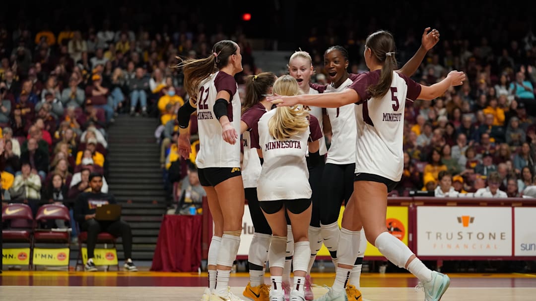 The Gophers volleyball team celebrates scoring a point against Iowa on Saturday, Nov. 23, 2024, at Maturi Pavilion in Minneapolis. 