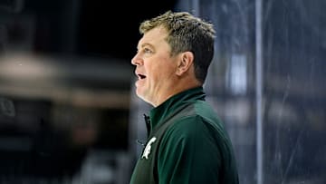 Michigan State's head coach Adam Nightingale calls out to players during hockey practice on Thursday, Sept. 25, 2025, at Munn Arena in East Lansing.