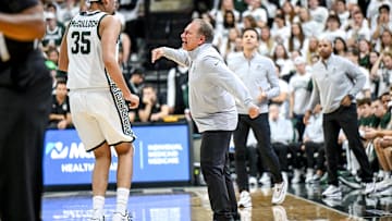 Michigan State's coach Tom Izzo, right, talks with Jesse McCulloch during the first half in the game against Bowling Green on Thursday, Oct. 23, 2025, at the Breslin Center in East Lansing.