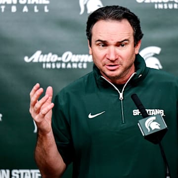 Michigan State coach Jonathan Smith talks the media on the first national signing day for college football recruits Wednesday, Dec. 4, 2024, at Spartan Stadium in East Lansing.