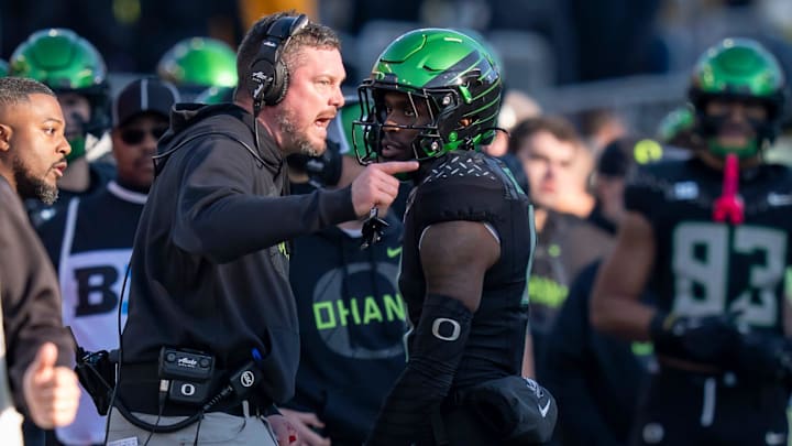 Oregon head coach Dan Lanning yells at Oregon wide receiver Malik Benson after Benson was called for unsportsmanlike conduct as the Oregon Ducks host the USC Trojans on Nov. 22, 2025, at Autzen Stadium in Eugene, Oregon.