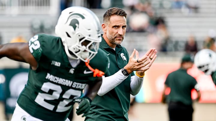 Michigan State's defensive coordinator Joe Rossi watches during warmups before the football game against Western Michigan on Friday, Aug. 29, 2025, in East Lansing.