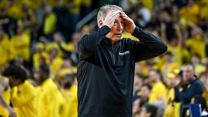 Michigan State's head coach Tom Izzo reacts after Carson Cooper is called for a foul during the second half in the game against Michigan on Sunday, March 8, 2026, at the Crisler Center in Ann Arbor.