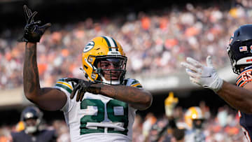 Green Bay Packers cornerback Rasul Douglas (29) celebrates breaking up a pass intended for Chicago Bears tight end Cole Kmet (85) in the end zone during second quarter of their game on Sunday, Sept. 10, 2023 at Soldier Field in Chicago.