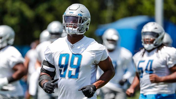 Detroit Lions linebacker Julian Okwara (99) practices during OTAs at Detroit Lions headquarters in Allen Park on Thursday, June 1, 2023.