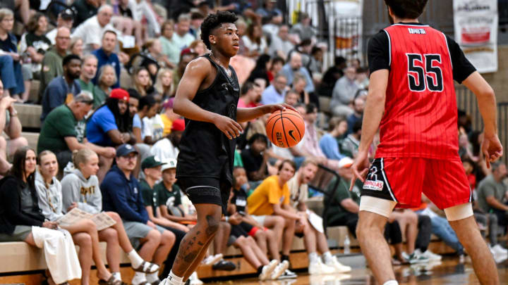 Michigan State and Team Motorcars' Jeremy Fears Jr. moves the ball against Team Goodfellas in the game on Thursday, June 27, 2024, during the Moneyball Pro-Am at Holt High School.