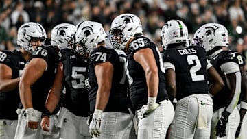 Michigan State huddles up during the second quarter in the game against Boston College on Saturday, Sept. 6, 2025, at Spartan Stadium in East Lansing.